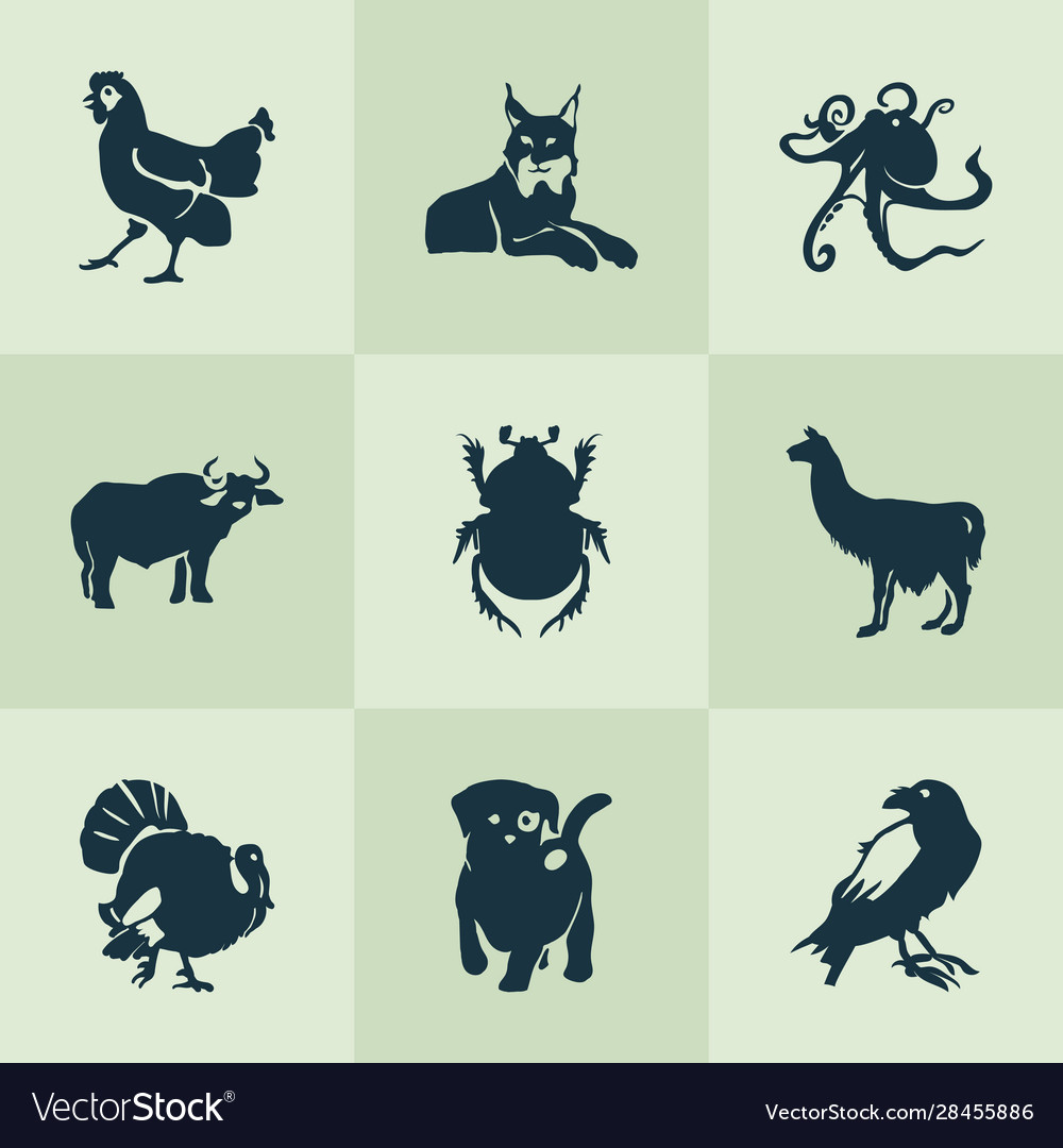 Fauna icons set with raven lynx chicken Royalty Free Vector