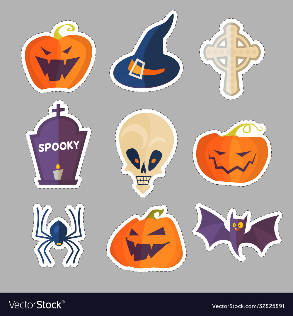 Halloween cartoon elements set stickers spooky Vector Image