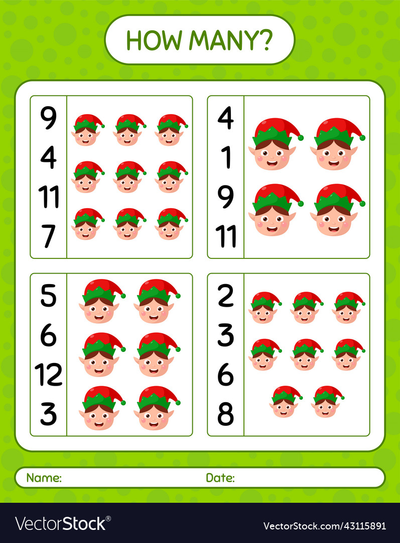 How many counting game with elf worksheet Vector Image How many counting game with elf worksheet