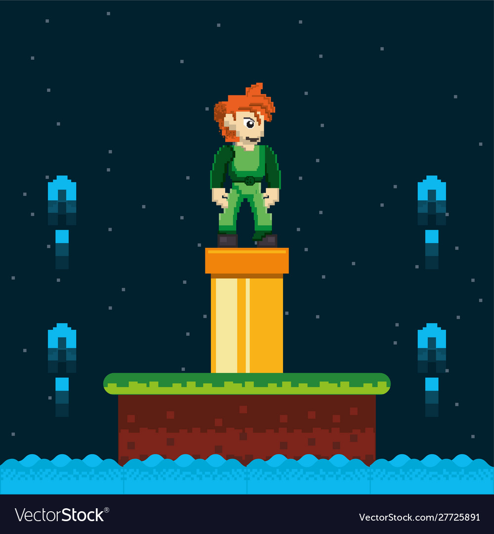 Video game warrior and pipeline in pixelated scene