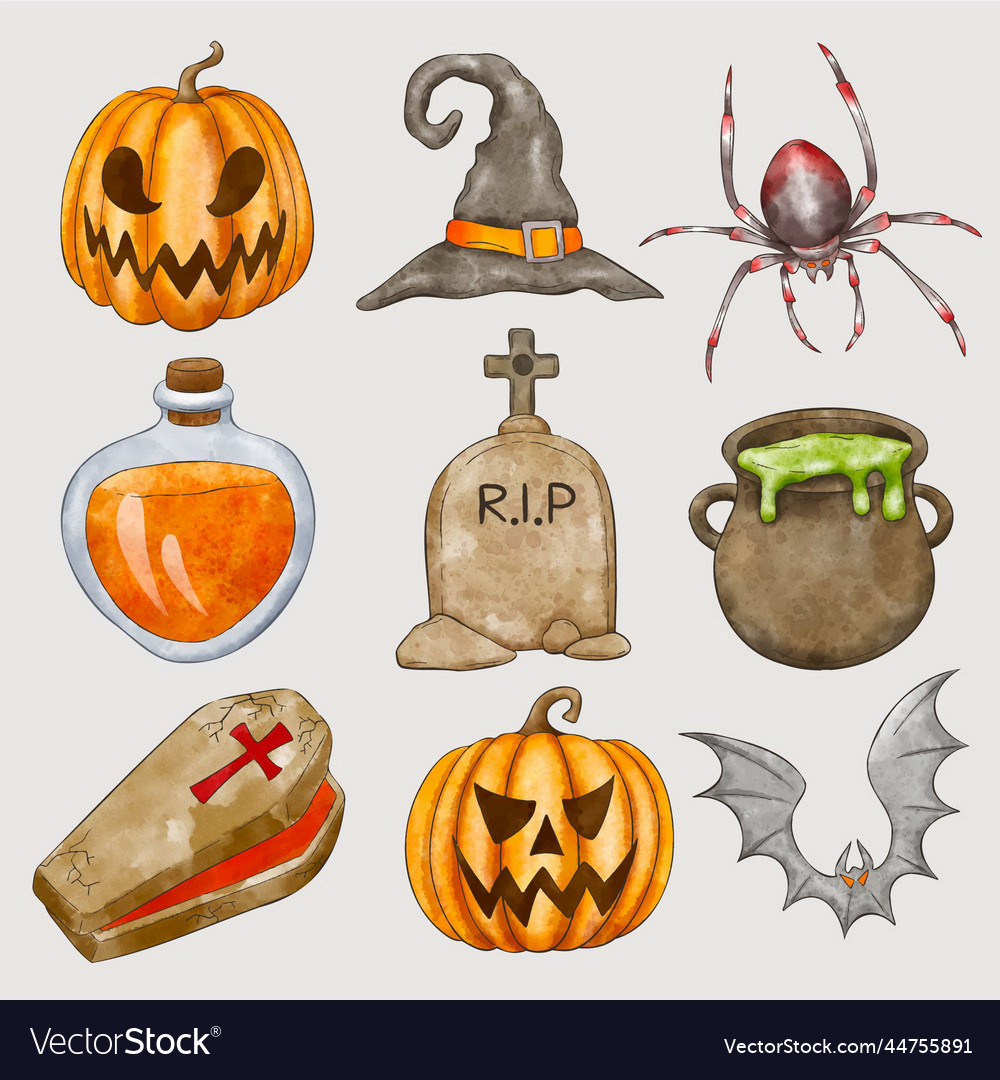 Watercolor halloween elements collection design