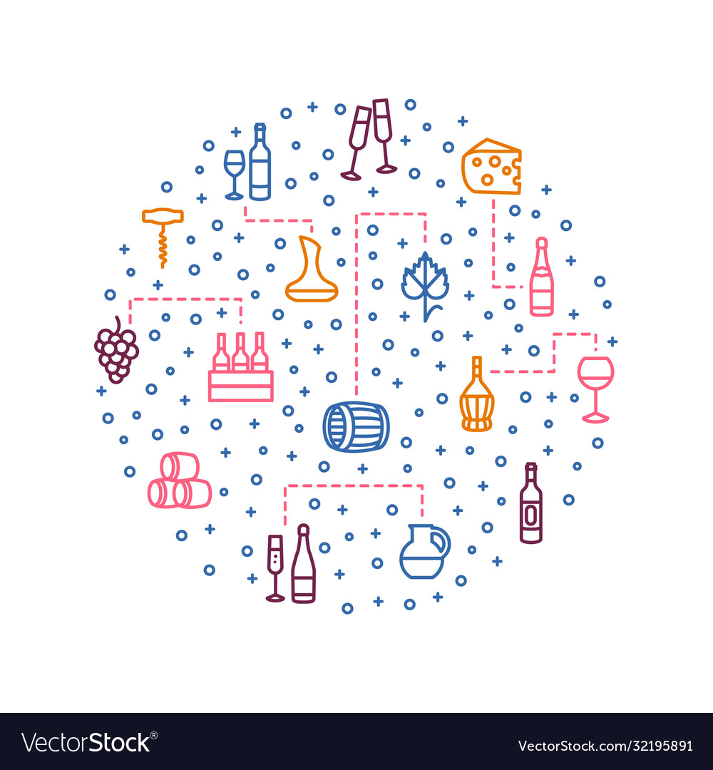 Wine thin line concept color round design template vector image Wine thin line concept color round design template