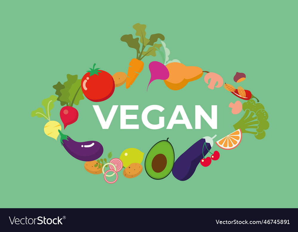 Word vegan surrounded by fresh vegetables fruits Vector Image