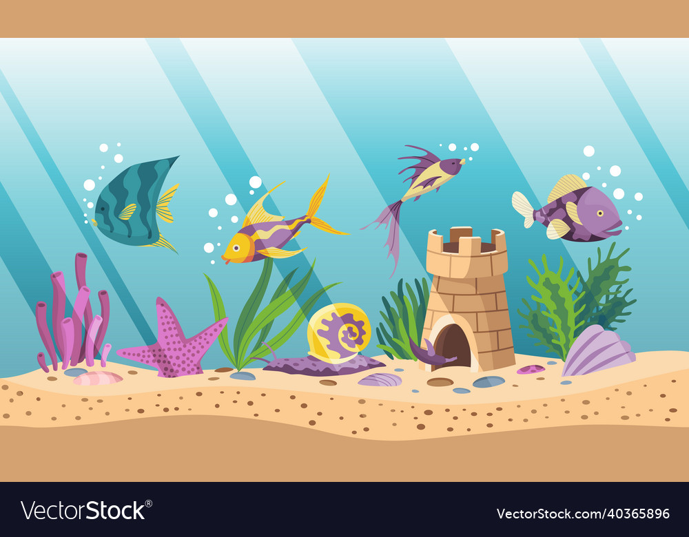 Aquarium with colourful fish and algae underwater Vector Image