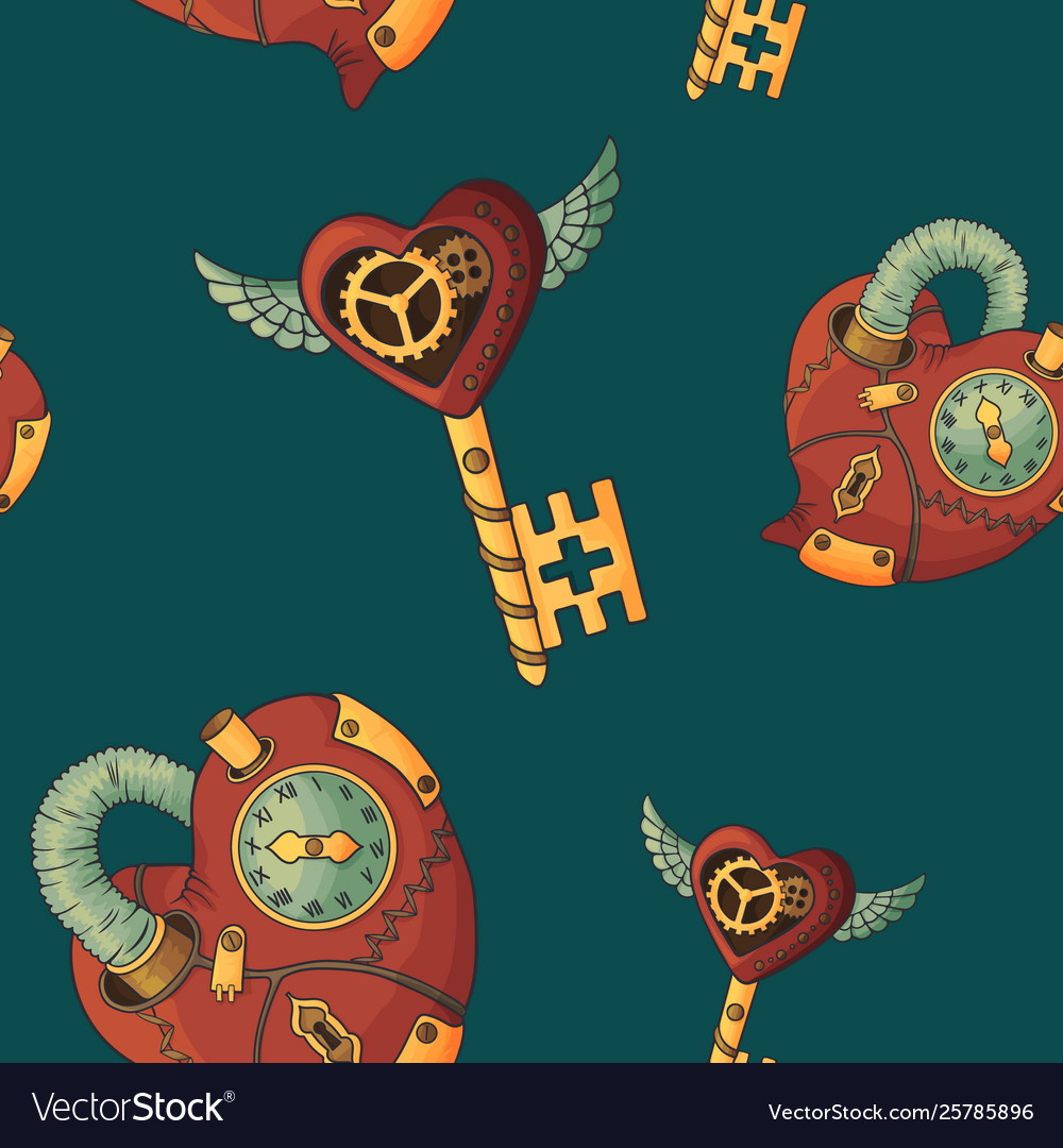 Seamless pattern steampunk hearts and keys vector image Seamless pattern steampunk hearts and keys