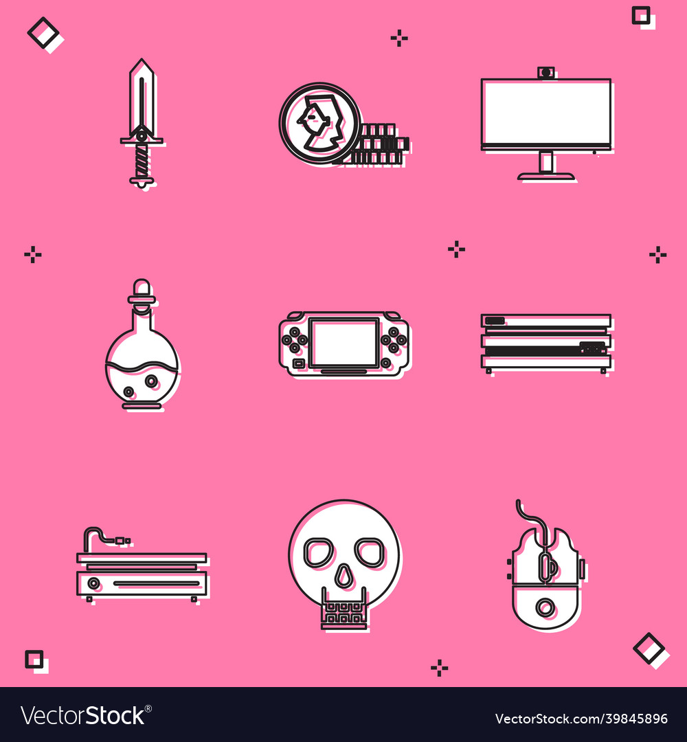 Set sword for game coin computer monitor bottle vector image Set sword for game coin computer monitor bottle