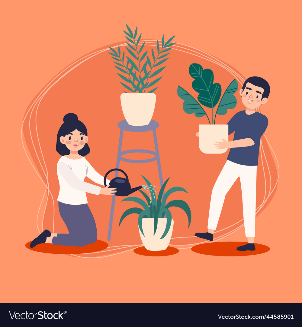 Flat people taking care plants together Royalty Free Vector