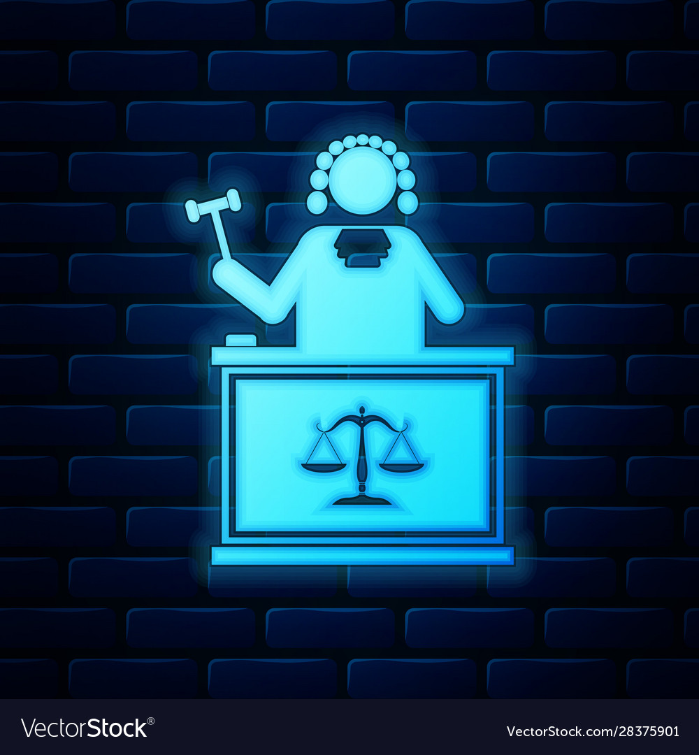 Glowing neon judge with gavel on table icon Vector Image Glowing neon judge with gavel on table icon
