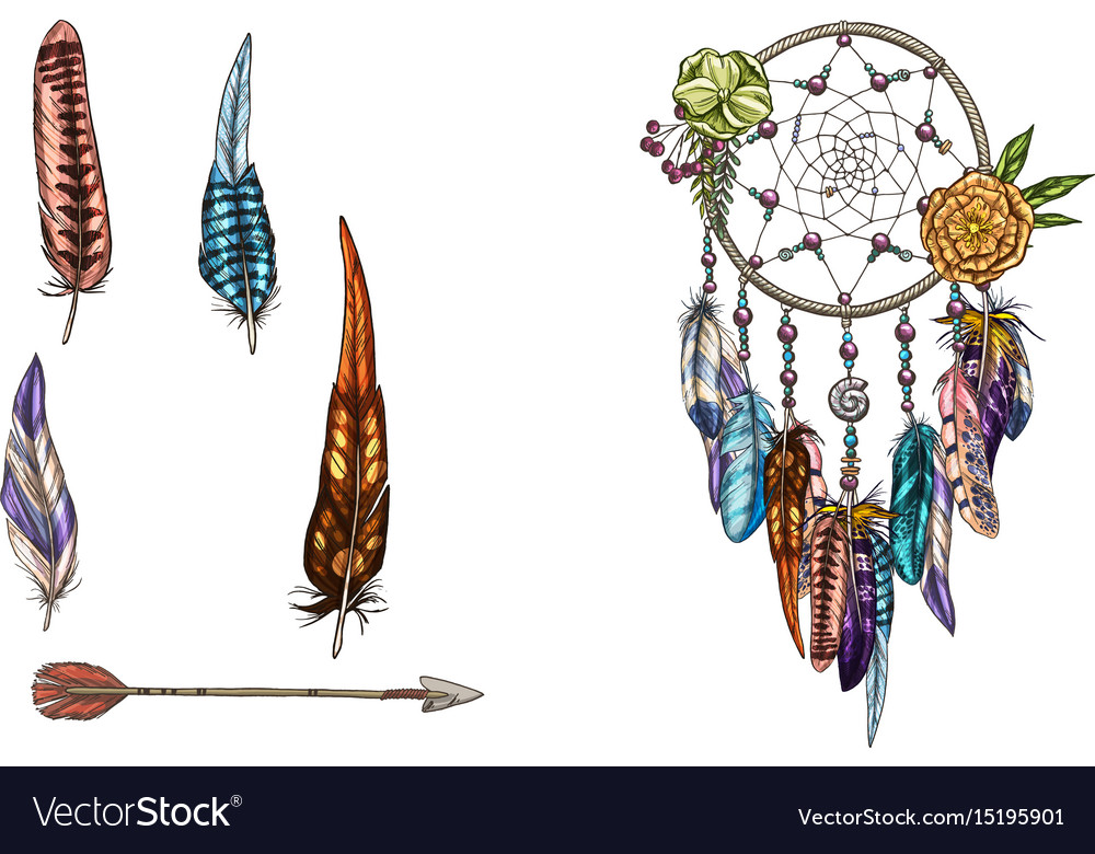 Hand drawn ornate dreamcatcher with feathers