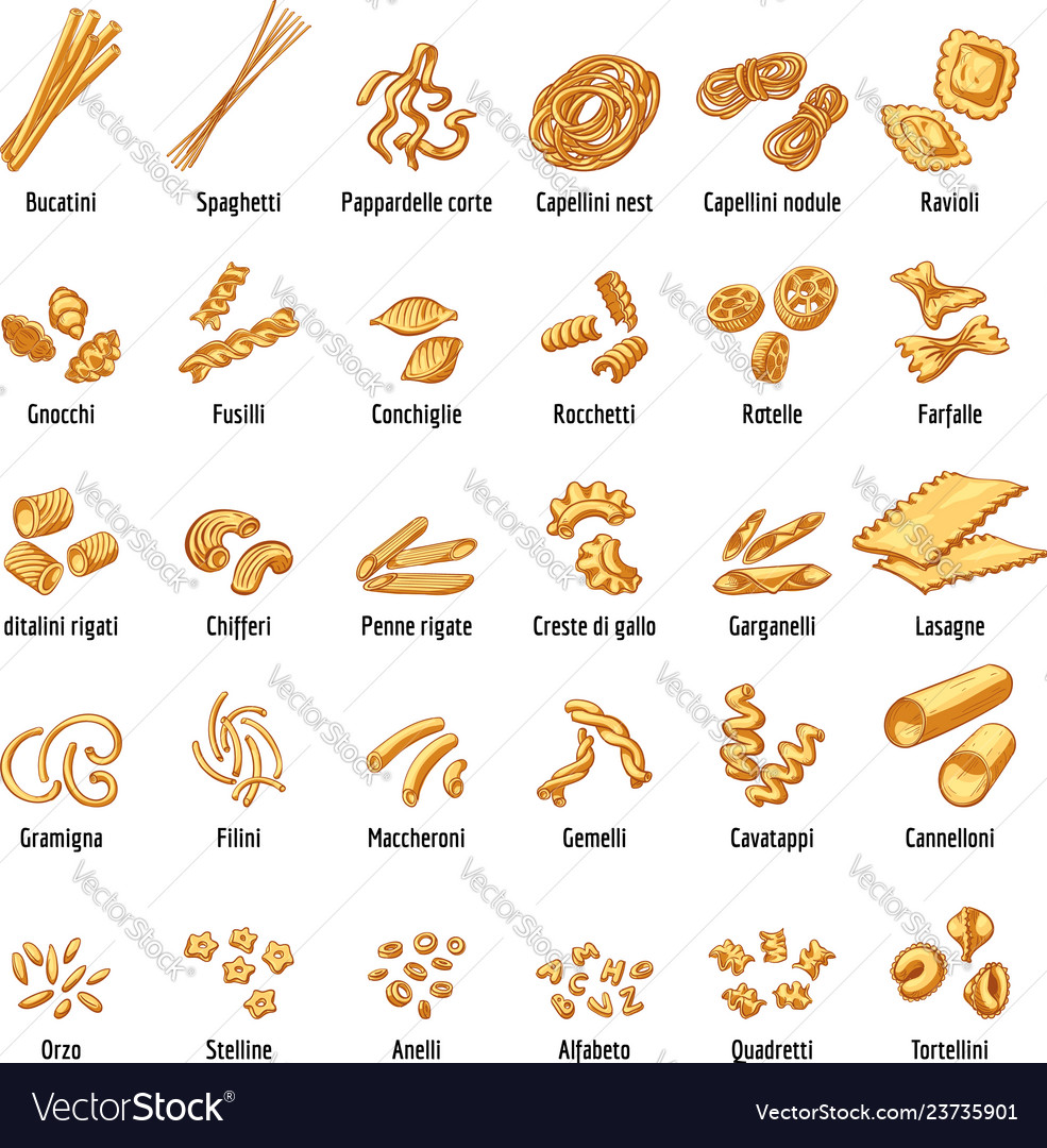 Macaroni icons set cartoon style Royalty Free Vector Image