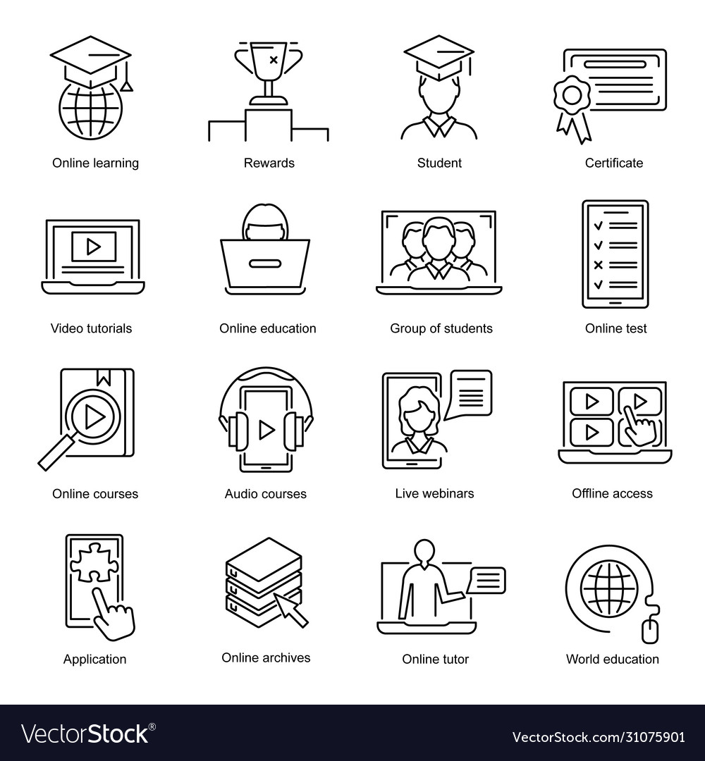 Online education sign contour linear icon set Vector Image Online education sign contour linear icon set