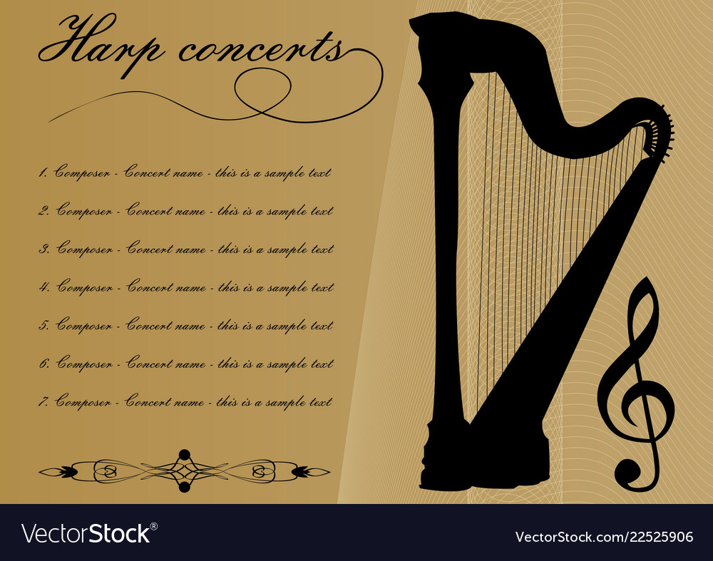 Harp concerts program template with black harp Vector Image