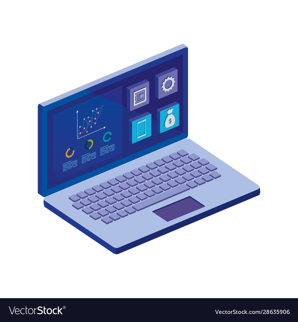 Laptop computer with infographics and app menu vector image Laptop computer with infographics and app menu