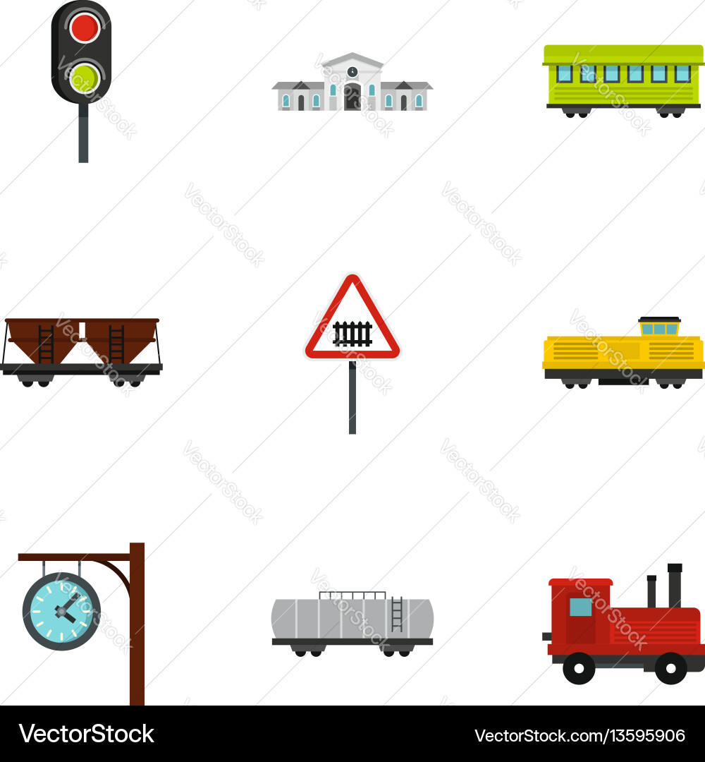 Railway icons set flat style Royalty Free Vector Image