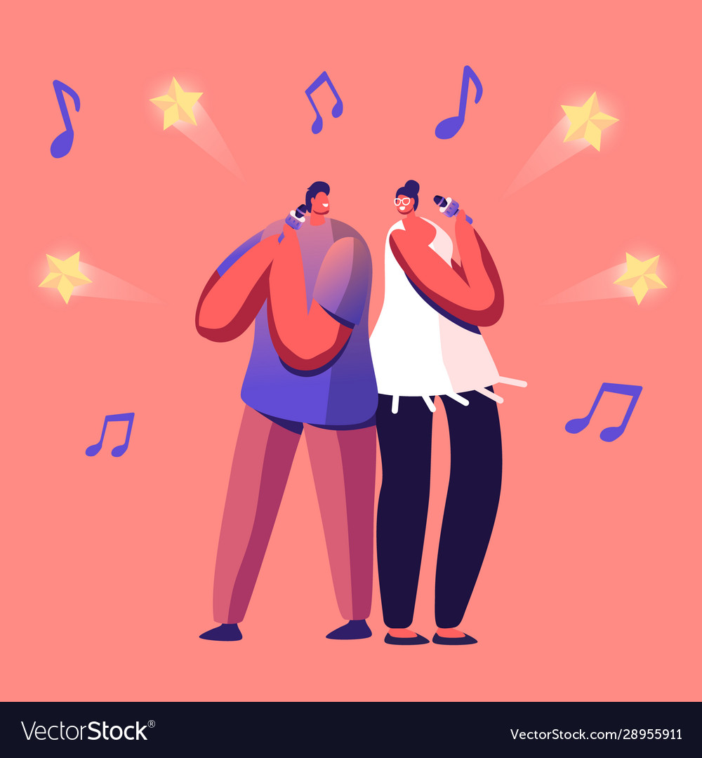 Cheerful couple singing song in karaoke bar