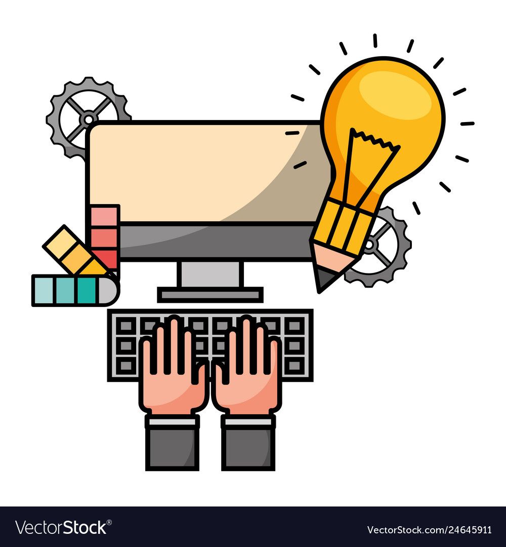 Hands with desktop computer and icons vector image Hands with desktop computer and icons