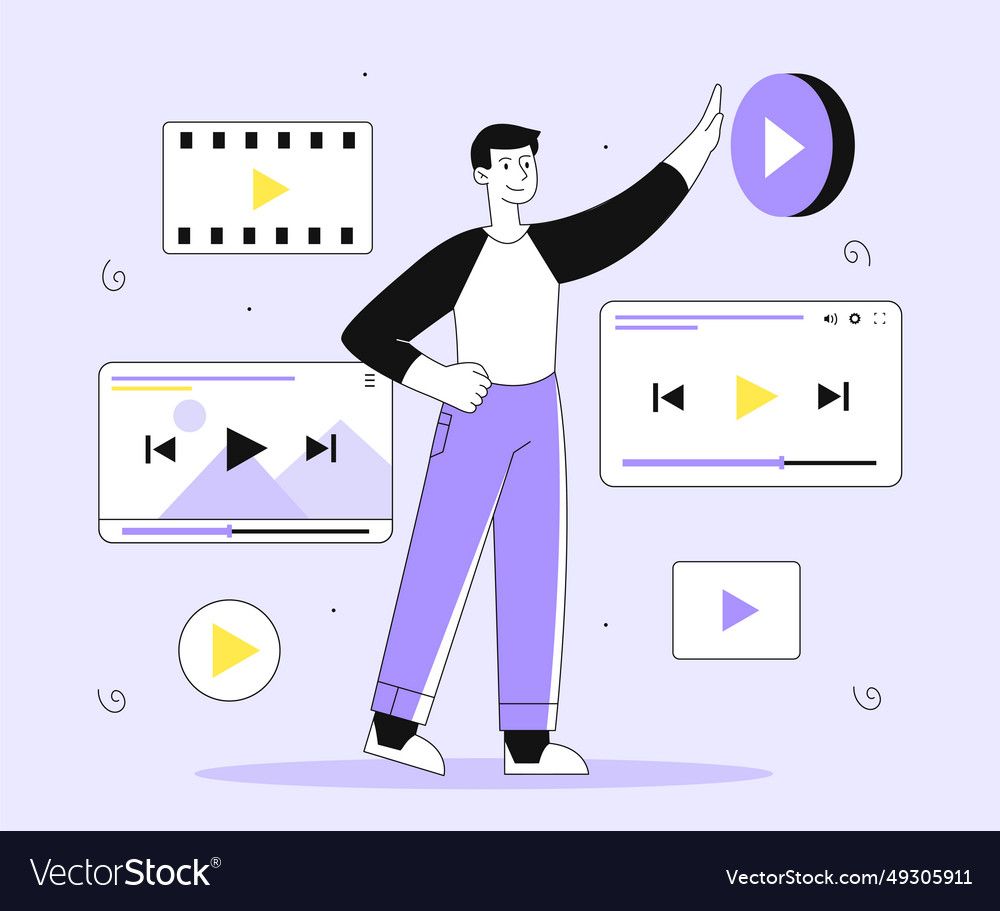Man with media player line concept vector image Man with media player line concept