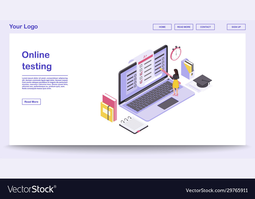 Online testing webpage template with isometric vector image Online testing webpage template with isometric