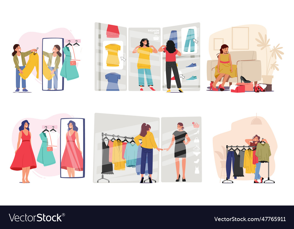 Set von weiblichen Shopper Charaktere durchsuchen Kleidung vector image Set von weiblichen Shopper Charaktere durchsuchen Kleidung