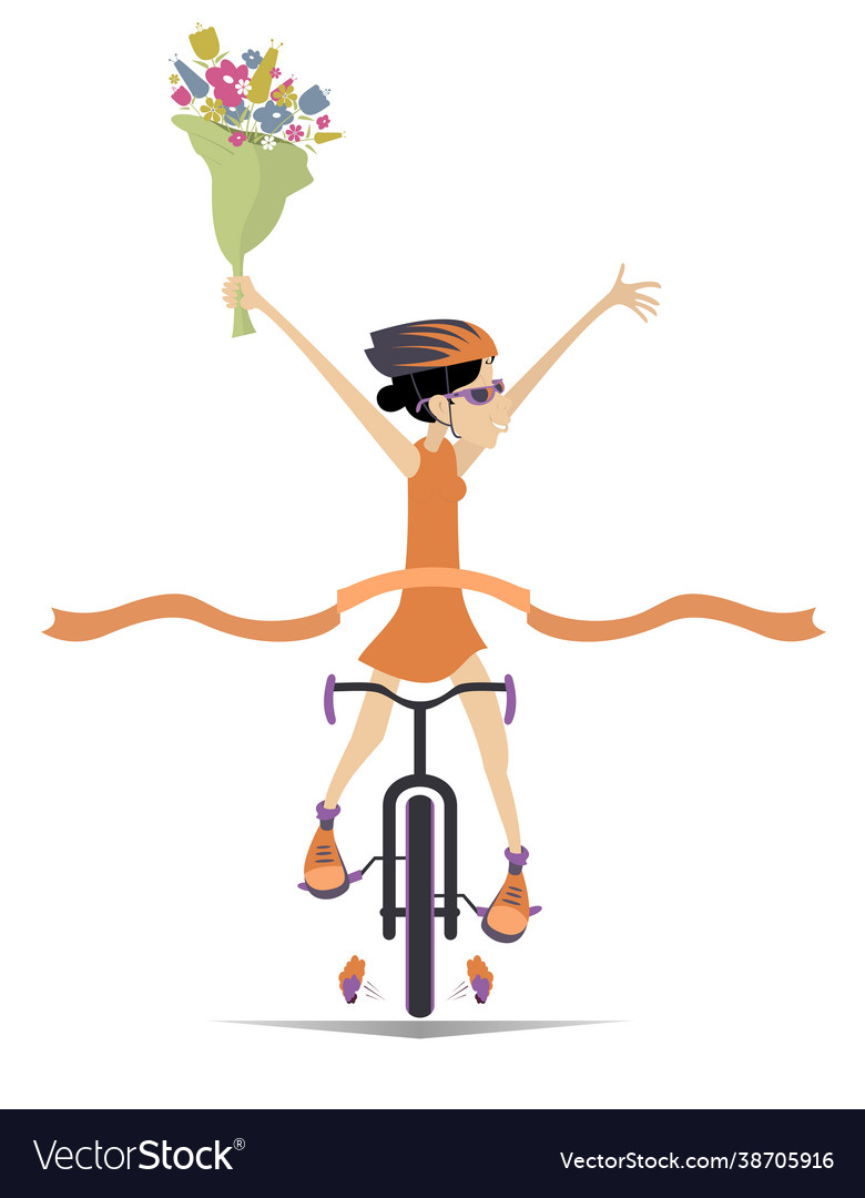 Cartoon woman rides a bike and wins race
