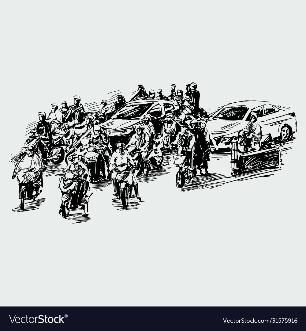 Drawing traffic under rain in saigon Royalty Free Vector