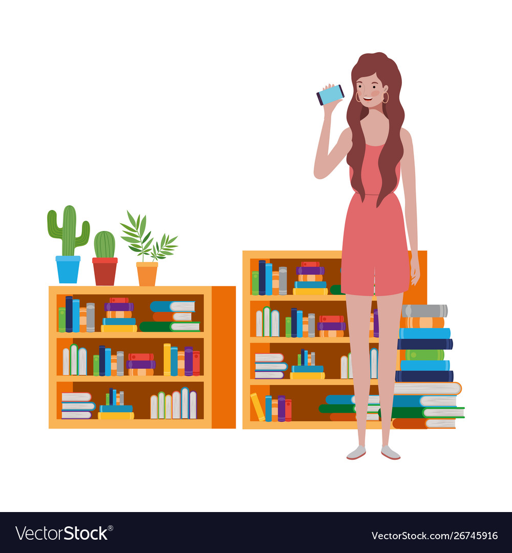 Woman standing with bookshelf wooden and books