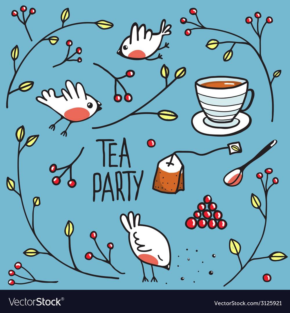 Garden tea party with birds twigs and berries