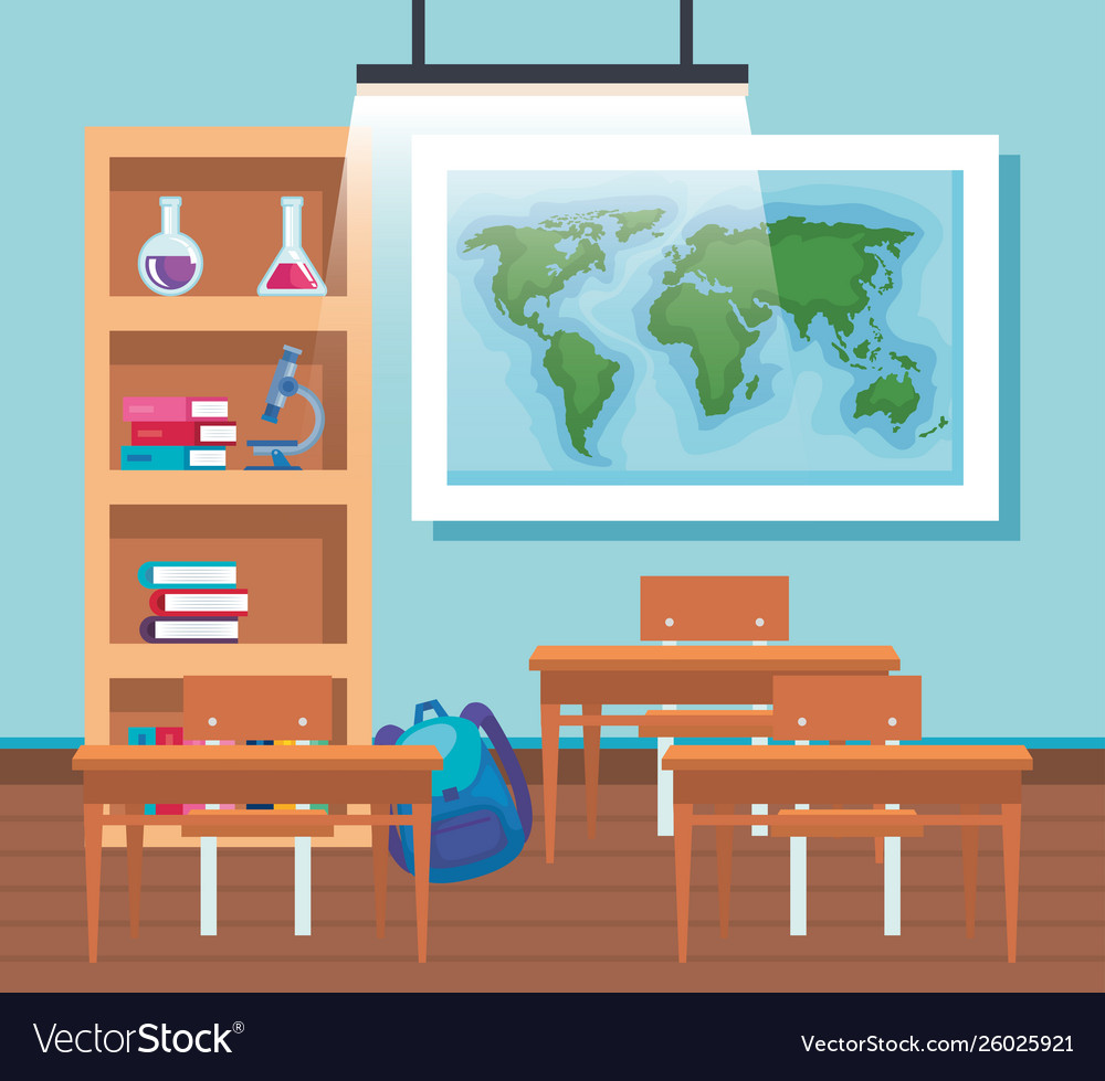 Global map with bookcase and desks