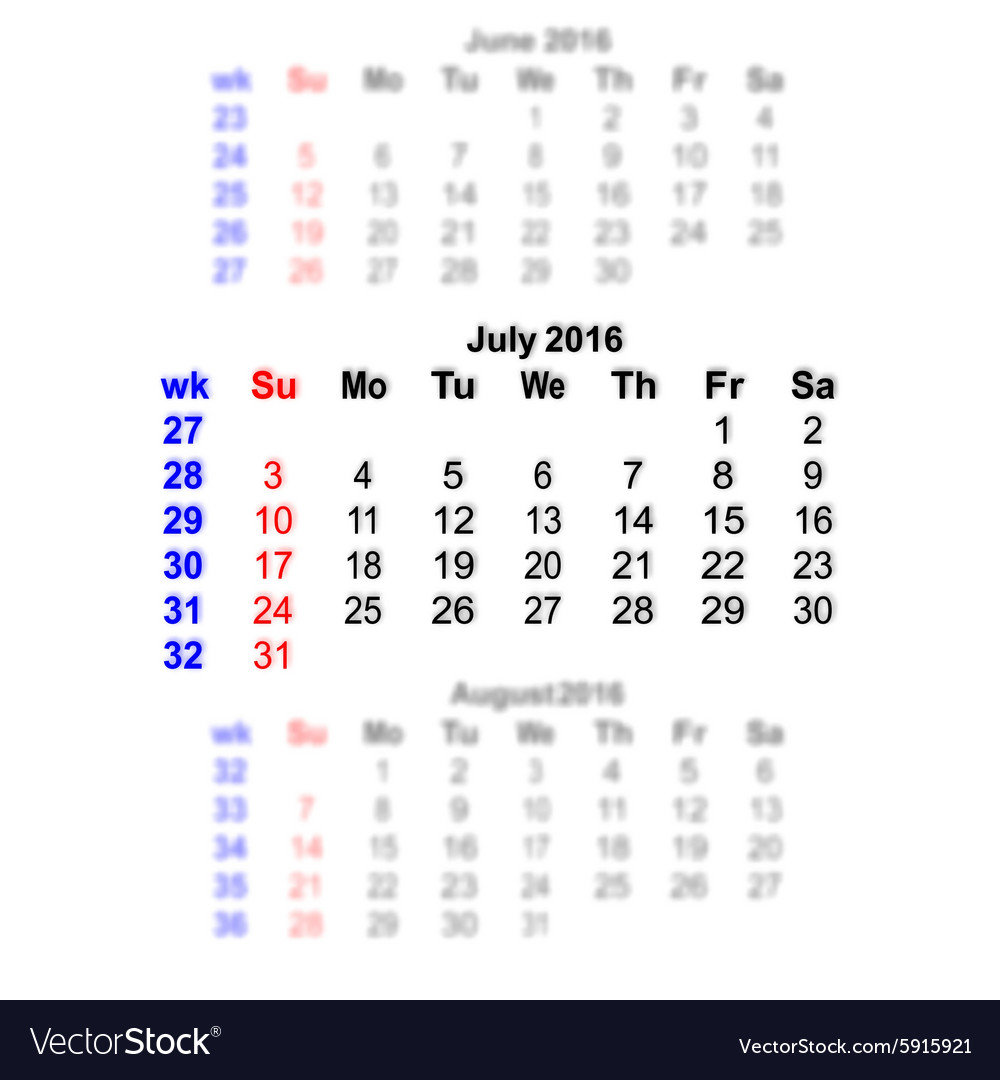 July 16 Calendar Week Starts On Sunday Vector Image July 16 Calendar Week Starts On Sunday Vector Image