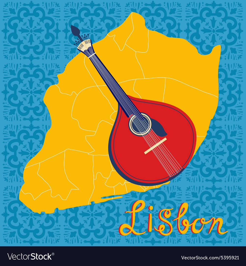 Tipical portuguese fado guitar over lisbon map