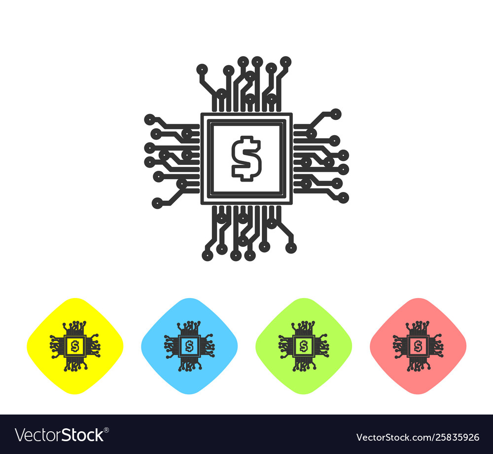 Grey processor chip with dollar line icon on white