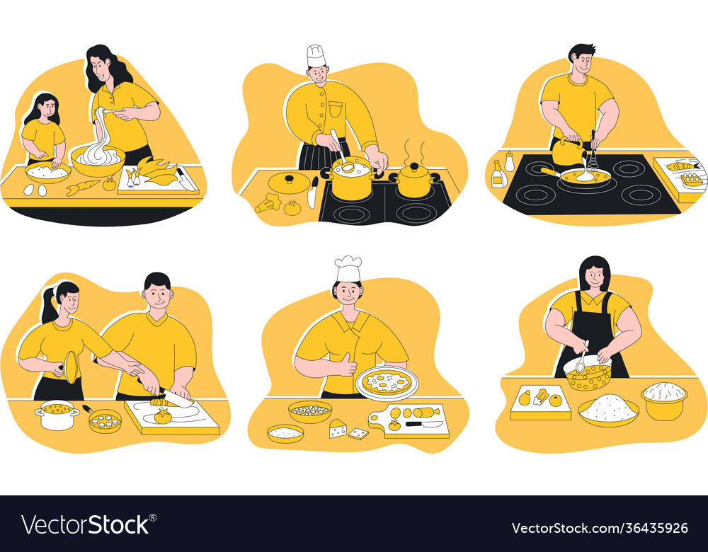 Happy people cooking on home kitchen scene set