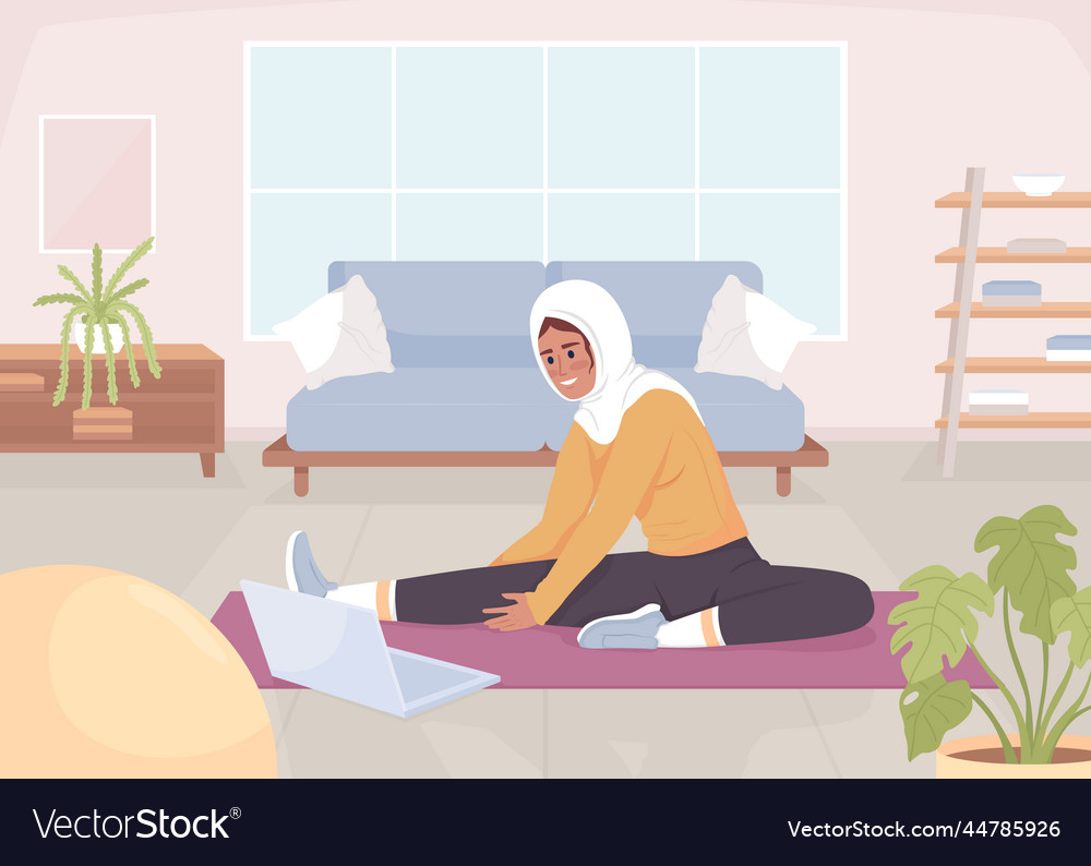 Lady doing stretching with video lesson flat color