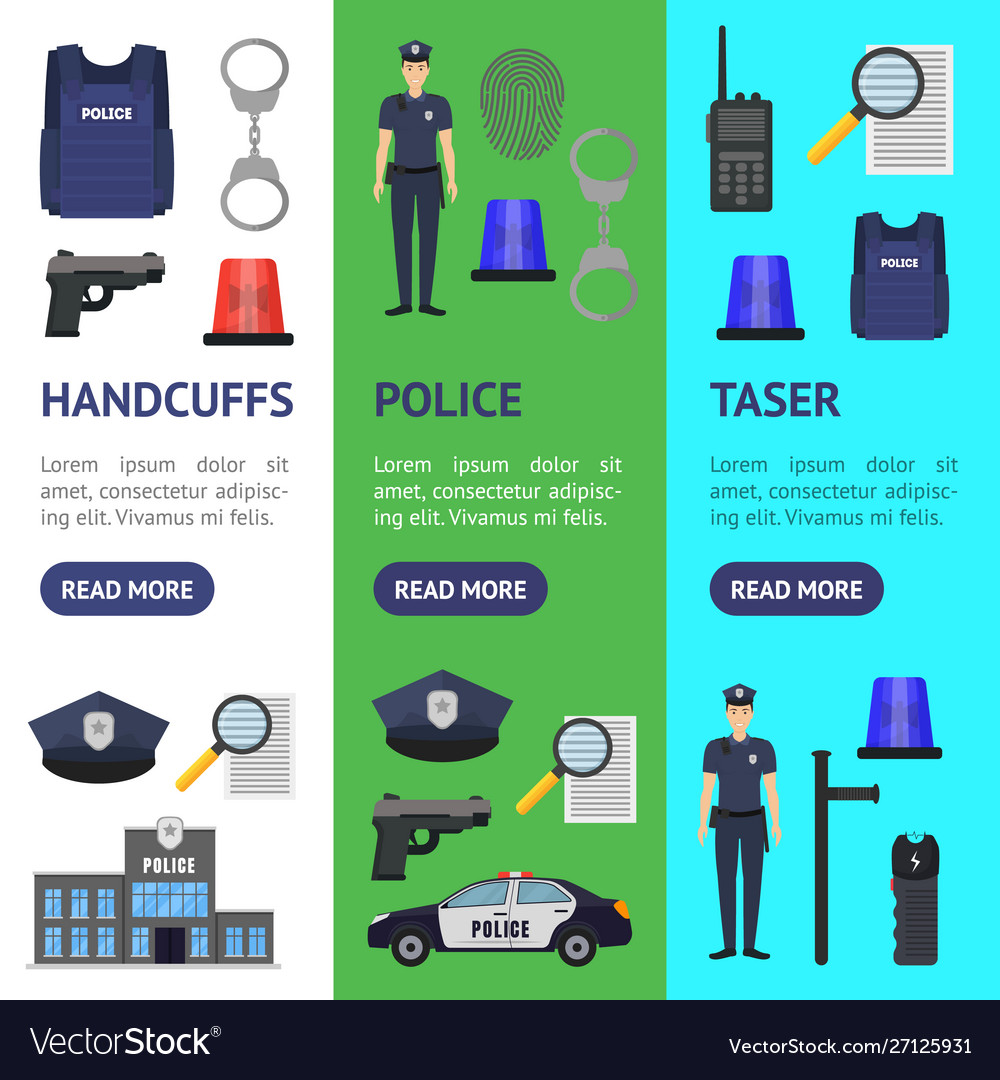 Cartoon color policeman and police elements banner vector image Cartoon color policeman and police elements banner