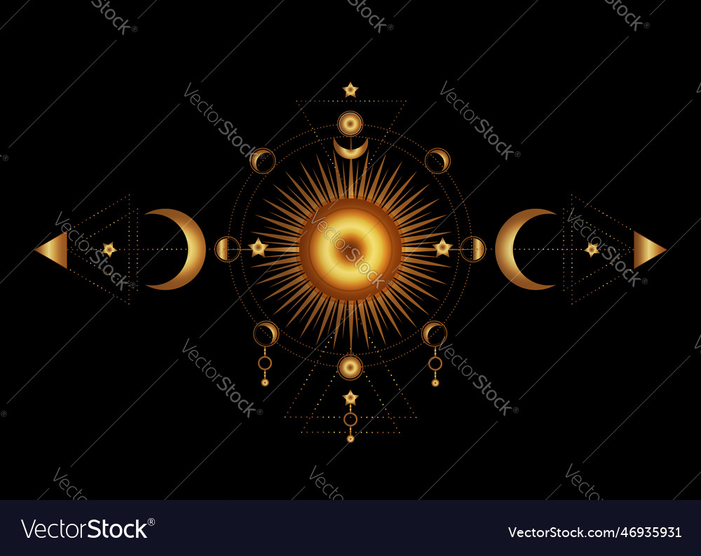 Circle of a moon phases and radiant sun gold logo