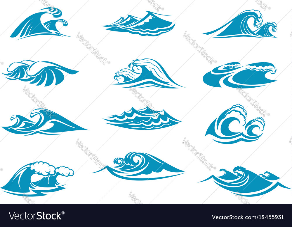 Icons of ocen water wave blue splash Royalty Free Vector