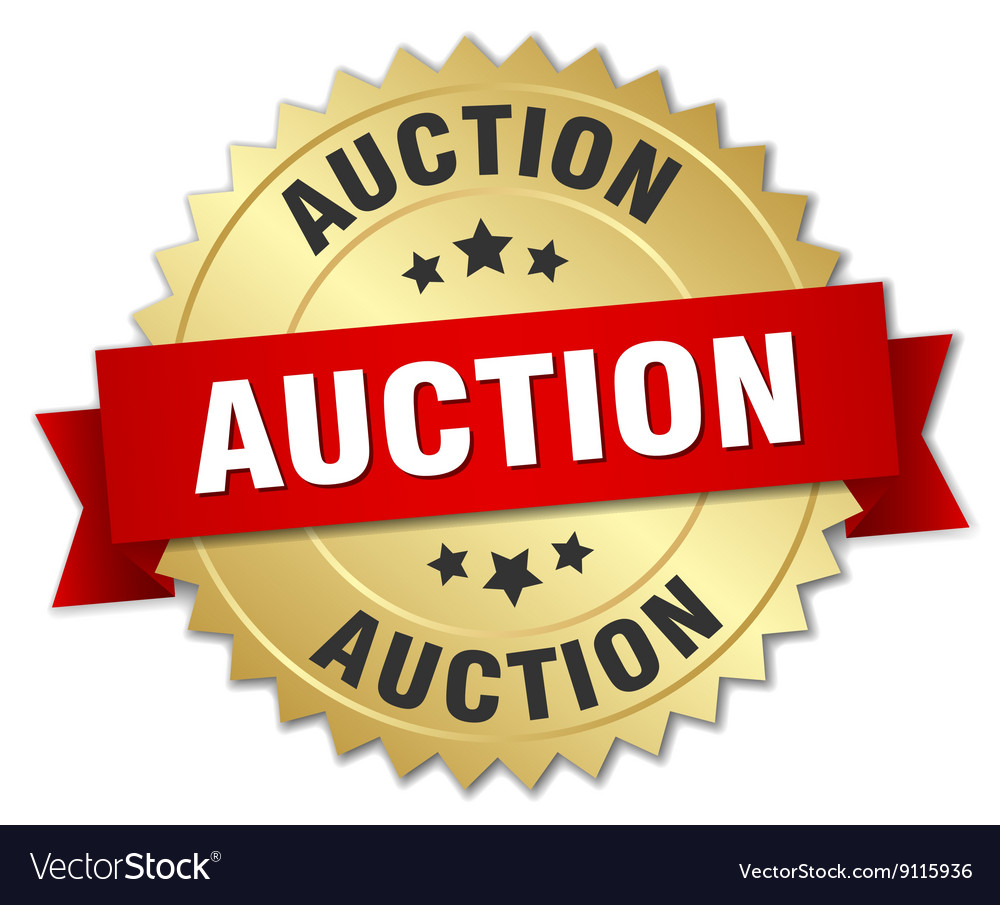 Auction 3d gold badge with red ribbon