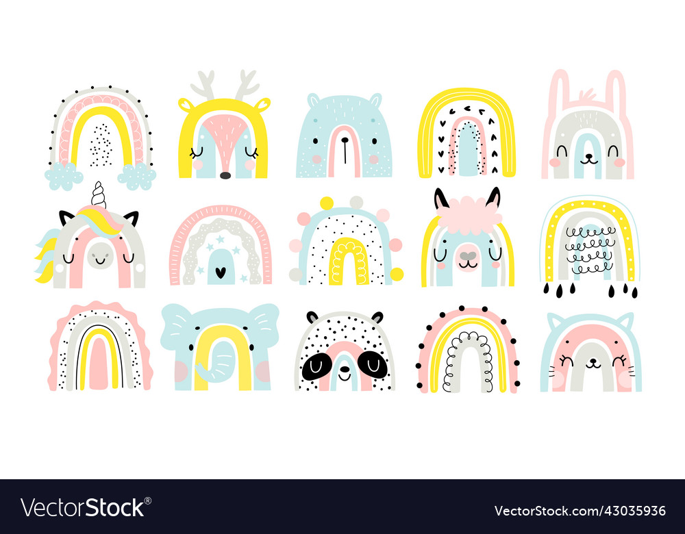 Cute rainbows with animal faces for your design vector image Cute rainbows with animal faces for your design