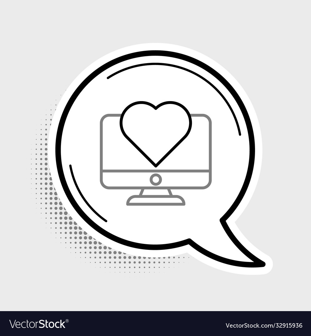 Line computer monitor with heart icon isolated