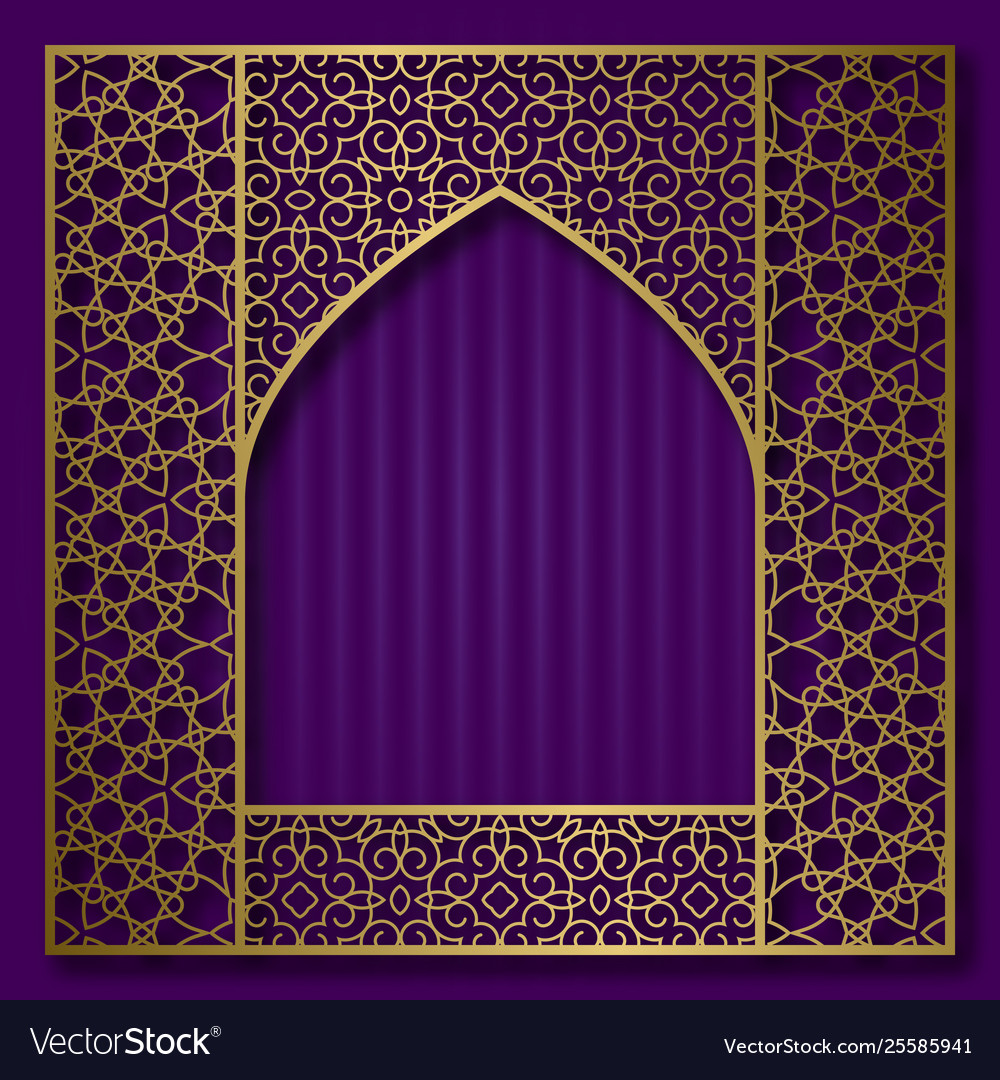 Golden patterned frame in oriental arched window vector image Golden patterned frame in oriental arched window