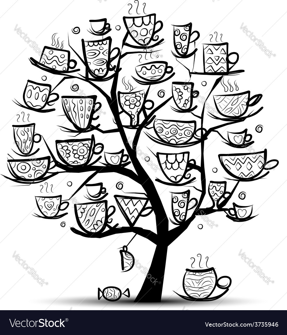 Art tree with mugs and cups sketch for your