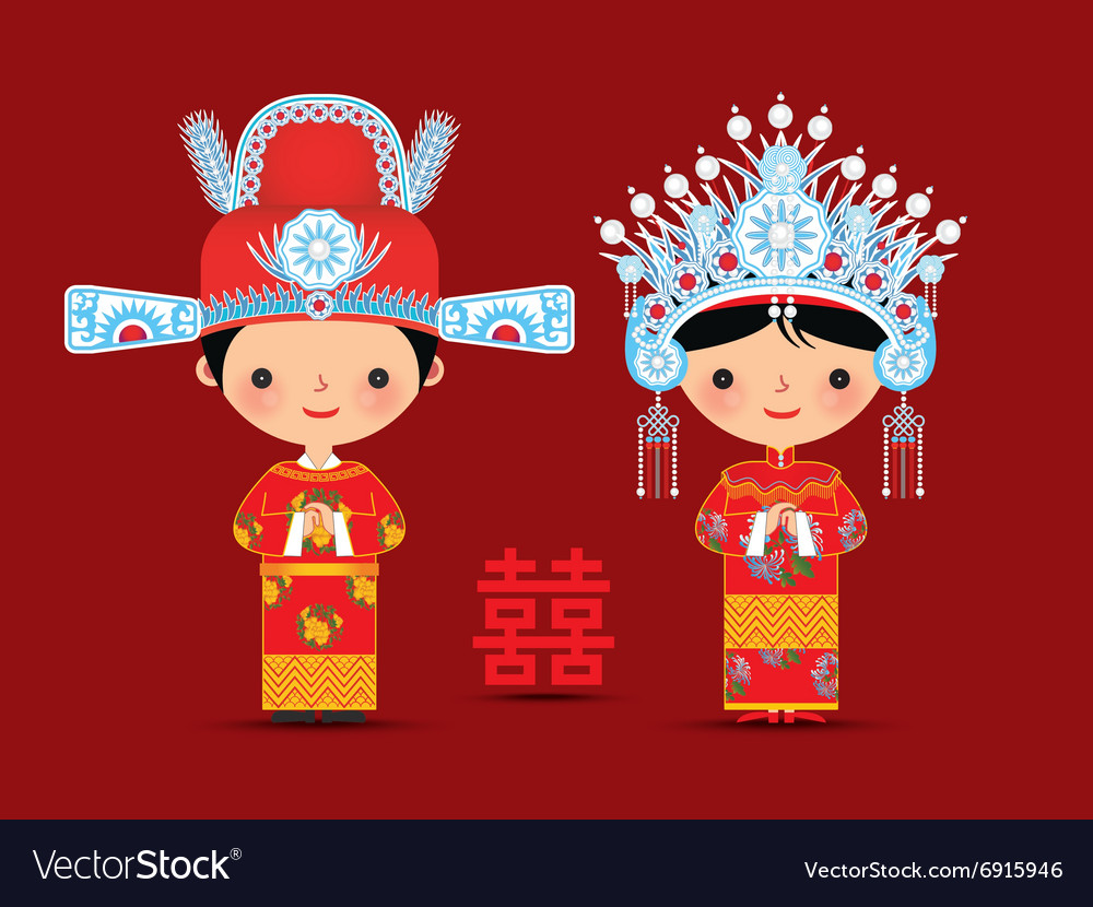 Chinese bride and groom cartoon wedding Royalty Free Vector