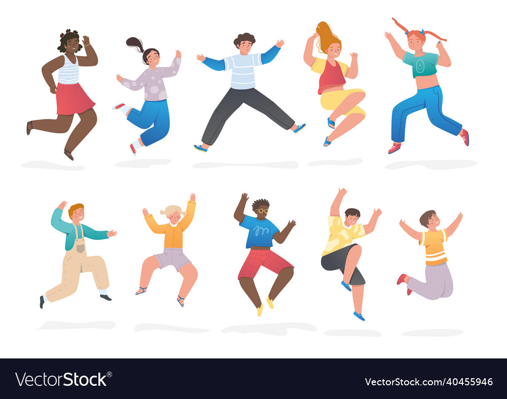 Happy children jumping with raised hands