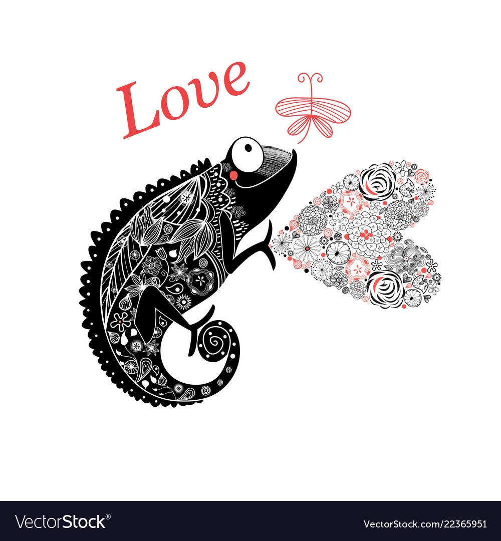 Graphic enamored chameleon with a heart