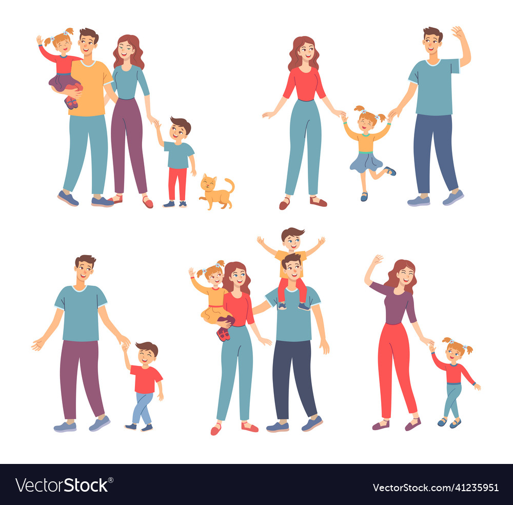 Happy family walking together outdoors set Vector Image