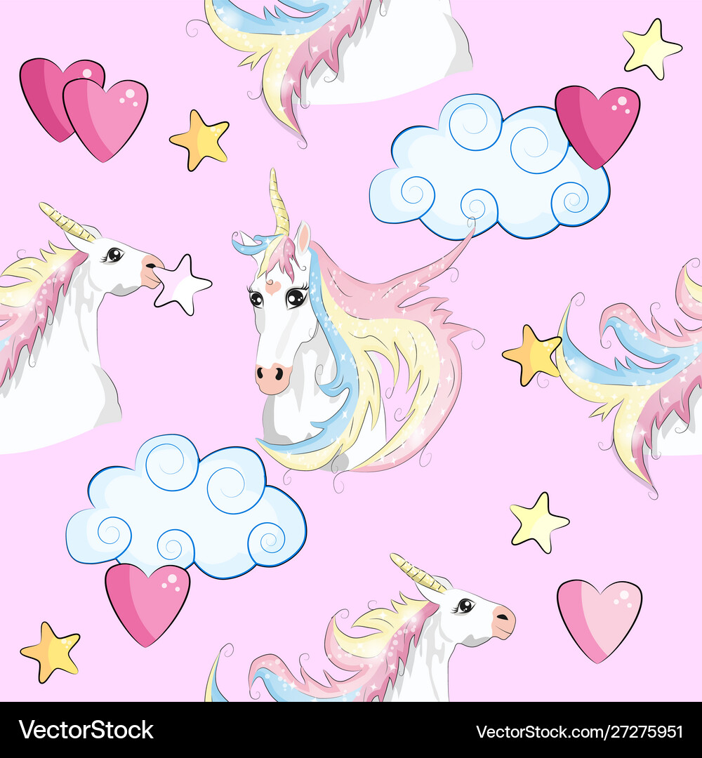 Seamless pattern with cute unicorns cloudsrainbow Vector Image