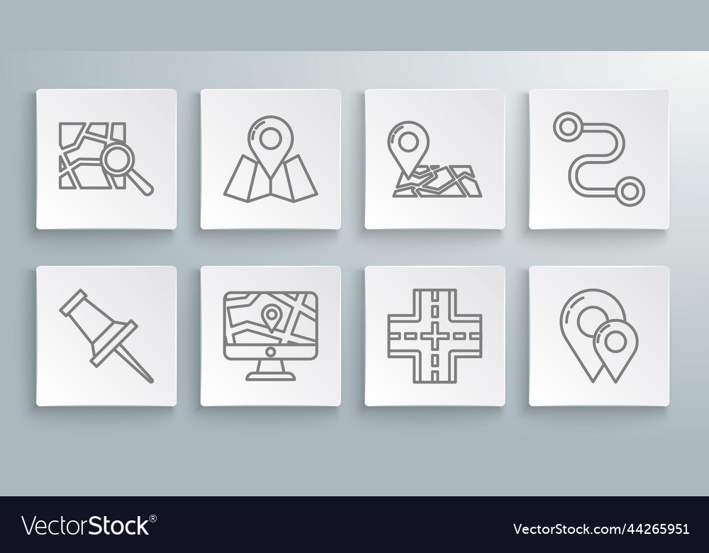 Set line push pin folded map with location marker vector image Set line push pin folded map with location marker