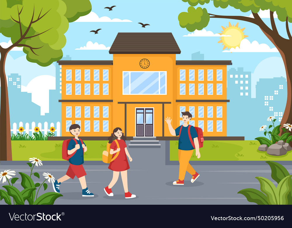 After school with students leave building Vector Image