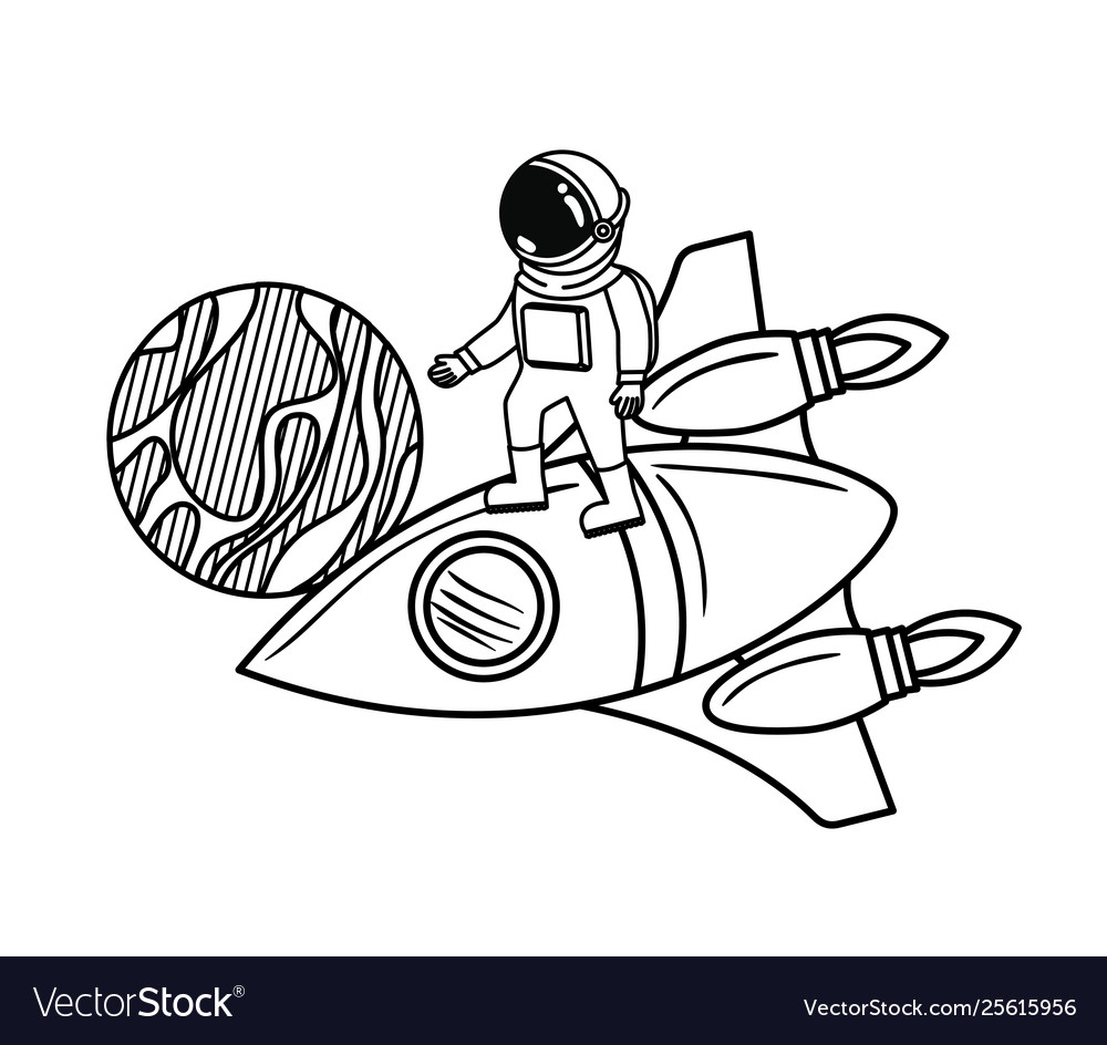 Astronaut with spacesuit and rocket in white