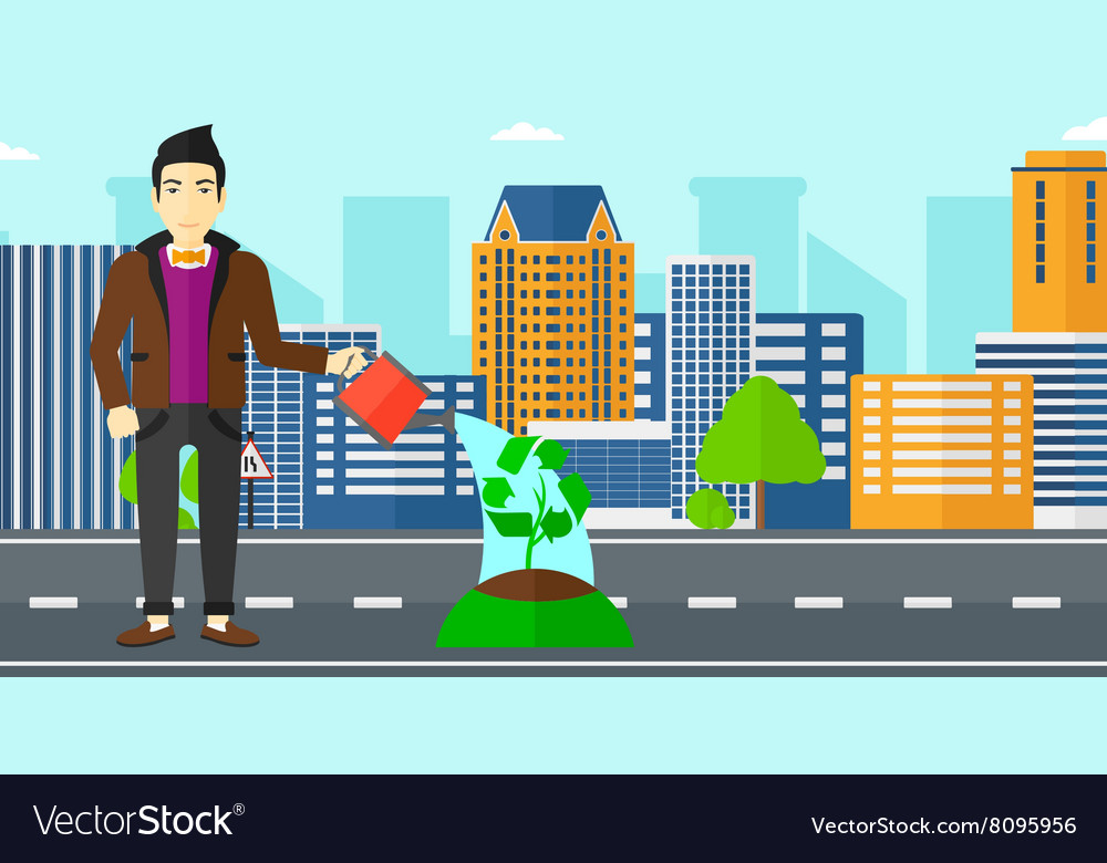 Man watering tree with recycle sign instead